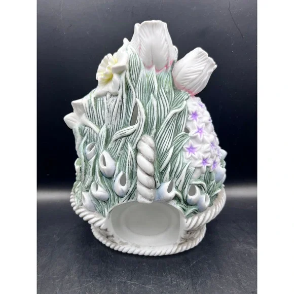 Vtg Partylite Ceramic Flower Basket Candle Holder Spring‎ Tulips Daffodils 8" - Picture 3 of 6
